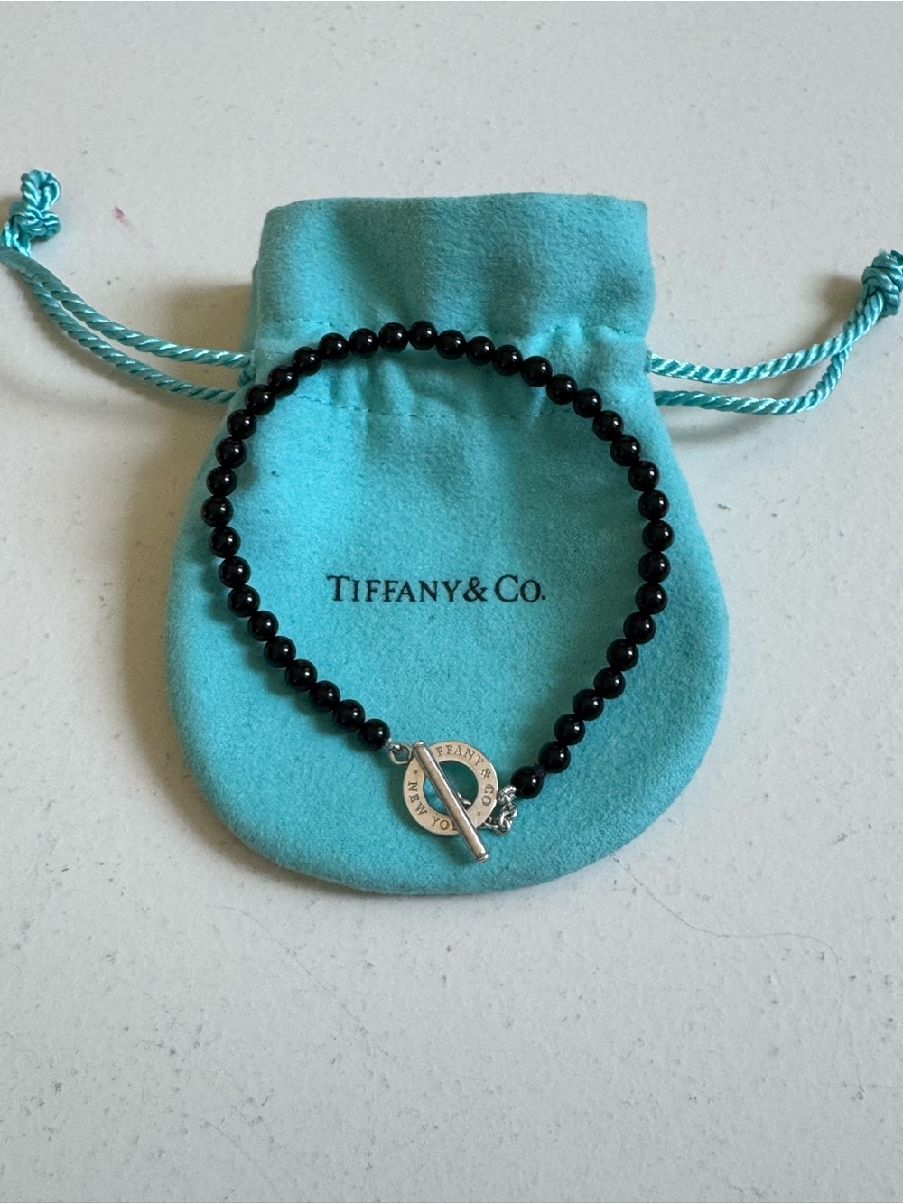 🖤Tiffany & Co. Black Bead Bracelet with Sterling Toggle🩵